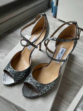 jimmy choo emsy 85 heels leather glitter silver